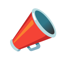 A red and blue megaphone on a black background.